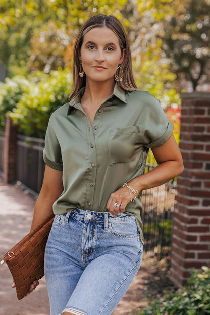 Olive Short Sleeve Satin Button Up Top - Magnolia Boutique