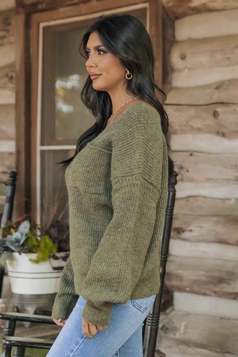 Olive V Neck Ribbed Sweater - Magnolia Boutique