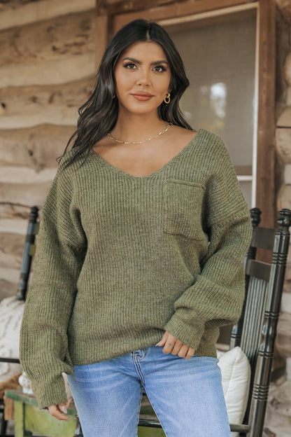 Olive V Neck Ribbed Sweater - Magnolia Boutique