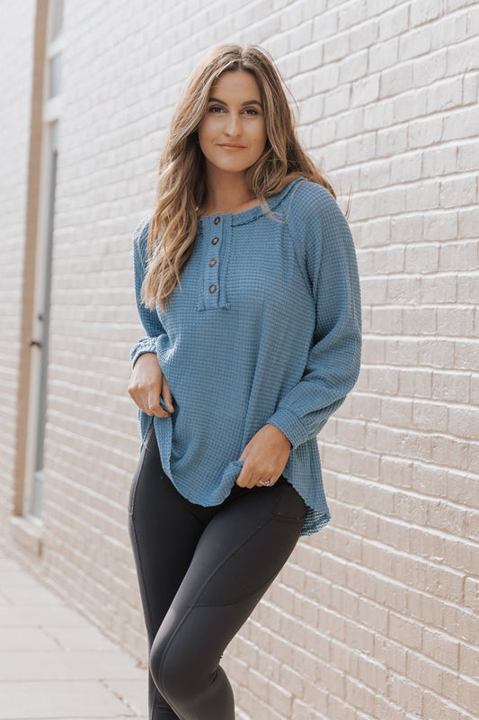 On The Go Blue Waffle Knit Top - Doorbuster - Magnolia Boutique