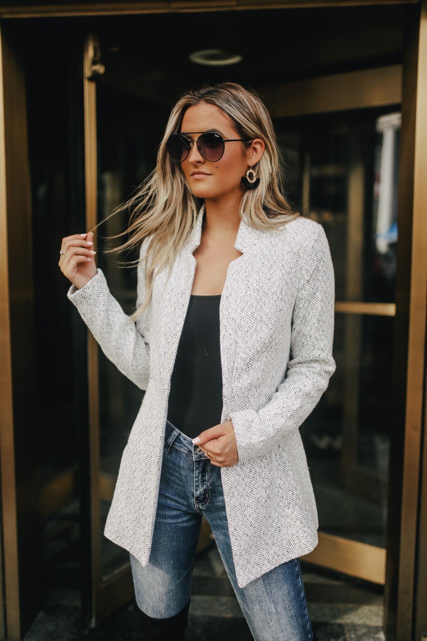 Open Front Herringbone Jacket - Grey/White - Magnolia Boutique