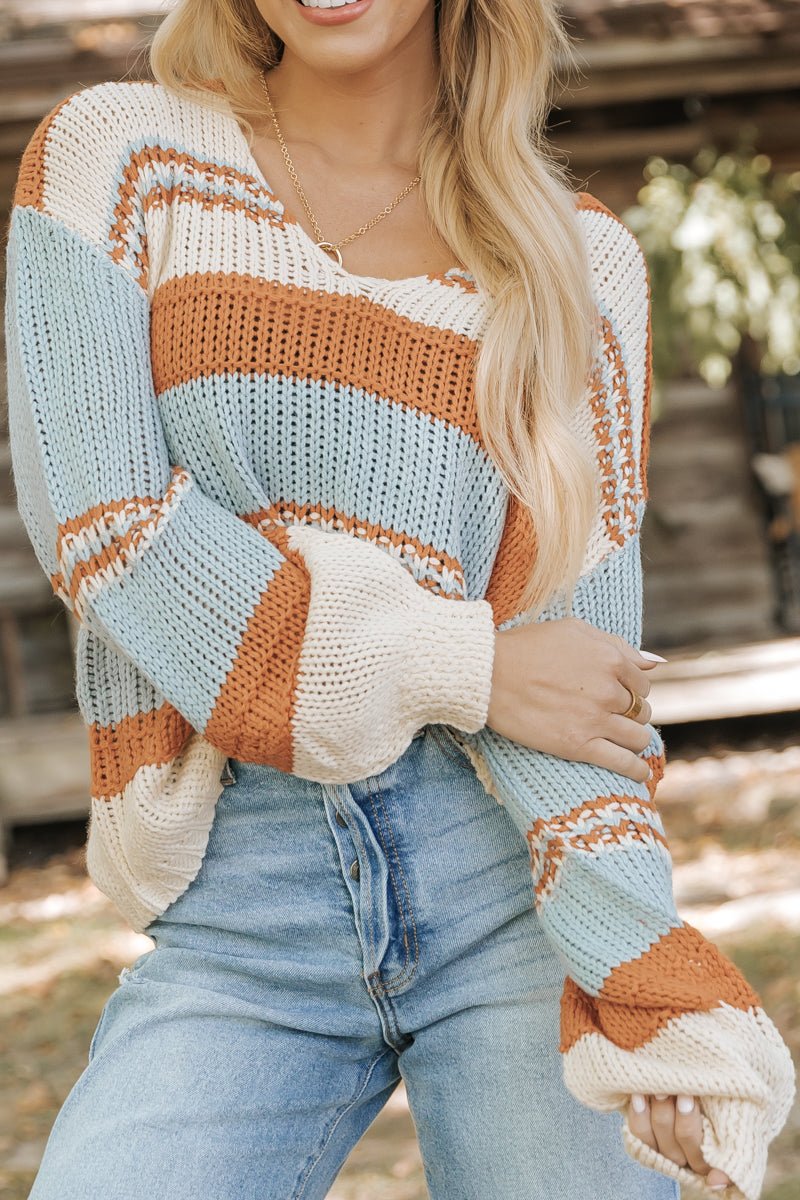Orange Multi Striped V Neck Sweater - Magnolia Boutique
