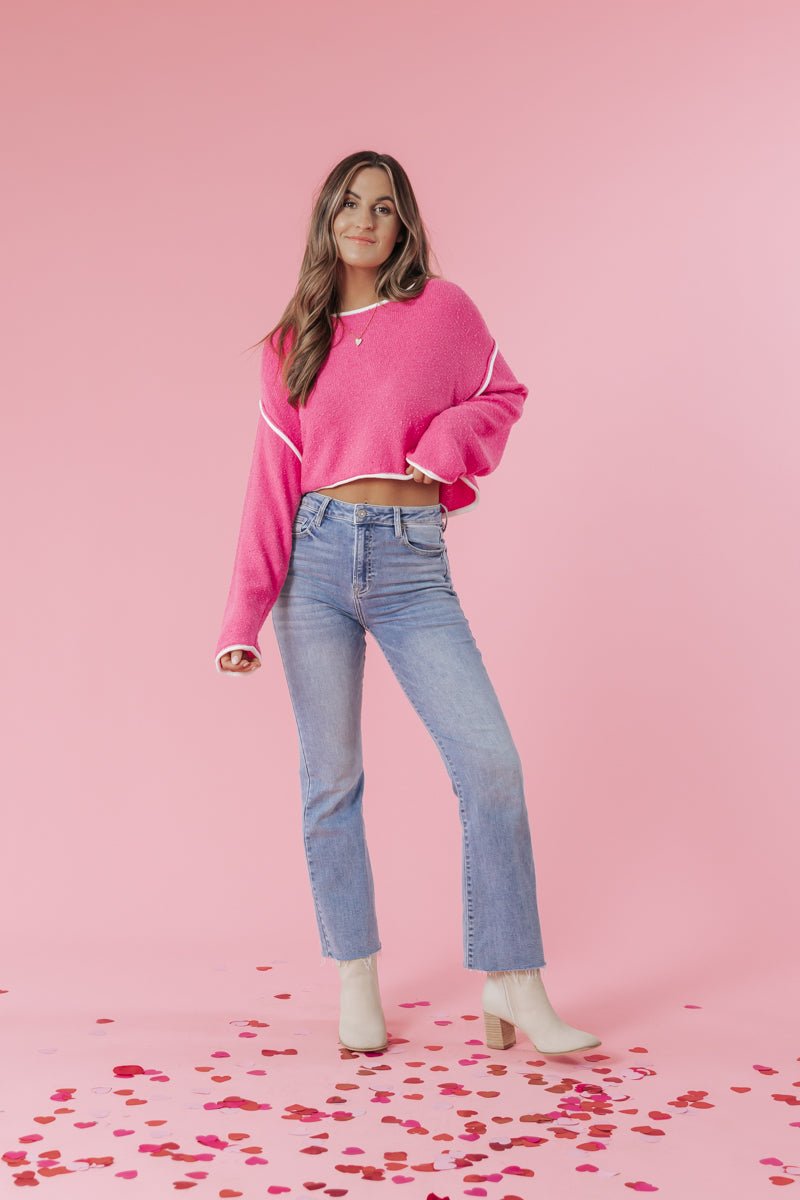 Pink Boat Neck Seam Detail Sweater - Magnolia Boutique