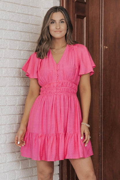 Pink Button Up Tiered Mini Dress - Magnolia Boutique