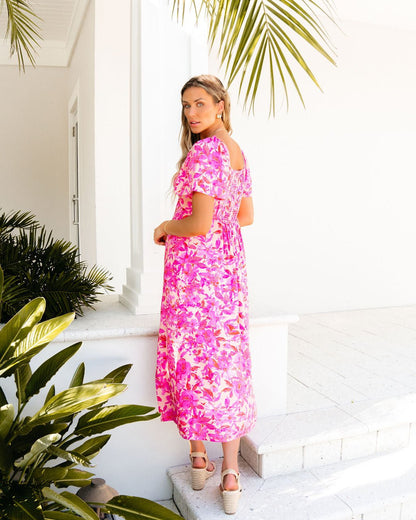 Pink Floral Print Slit Midi Dress - Magnolia Boutique