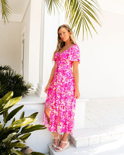 Pink Floral Print Slit Midi Dress - Magnolia Boutique