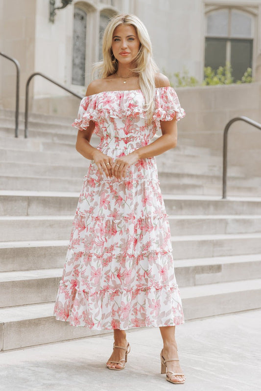Pink Ruffled Off Shoulder Tiered Midi Dress - Magnolia Boutique