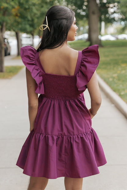 Plum Ruffle Sleeve Babydoll Mini Dress - Magnolia Boutique