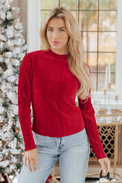 Red High Neck Pleated Velvet Top - Magnolia Boutique