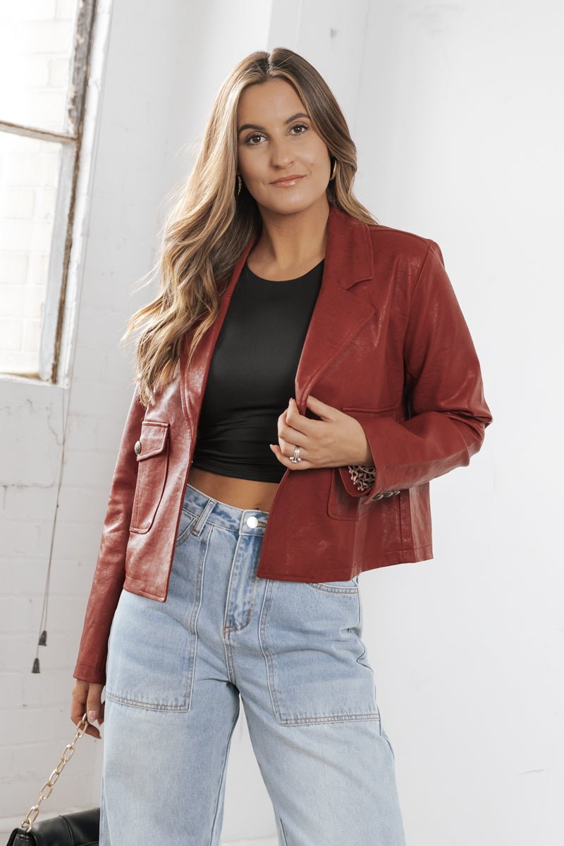 Red Lined Faux Leather Jacket - Magnolia Boutique