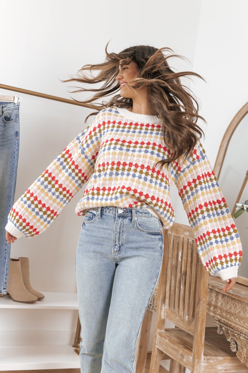 Red Multi Color Oversized Wool Sweater - Magnolia Boutique