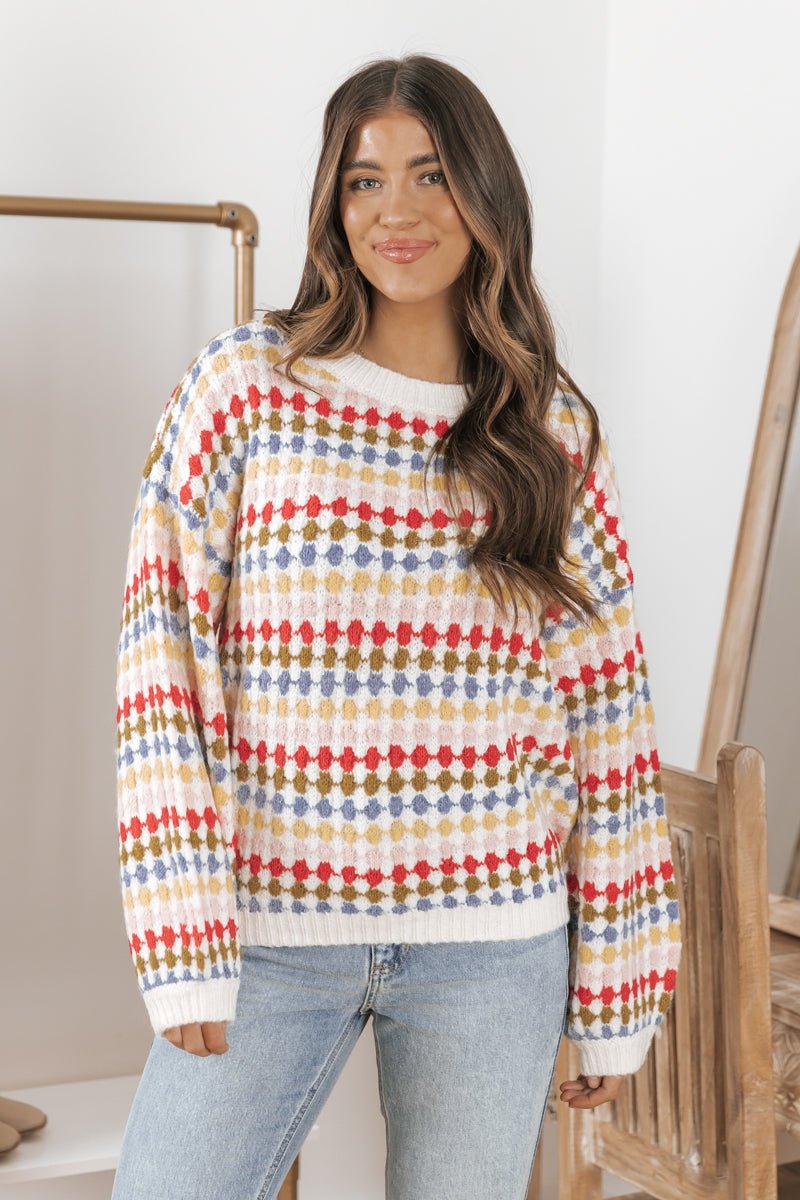 Red Multi Color Oversized Wool Sweater - Magnolia Boutique