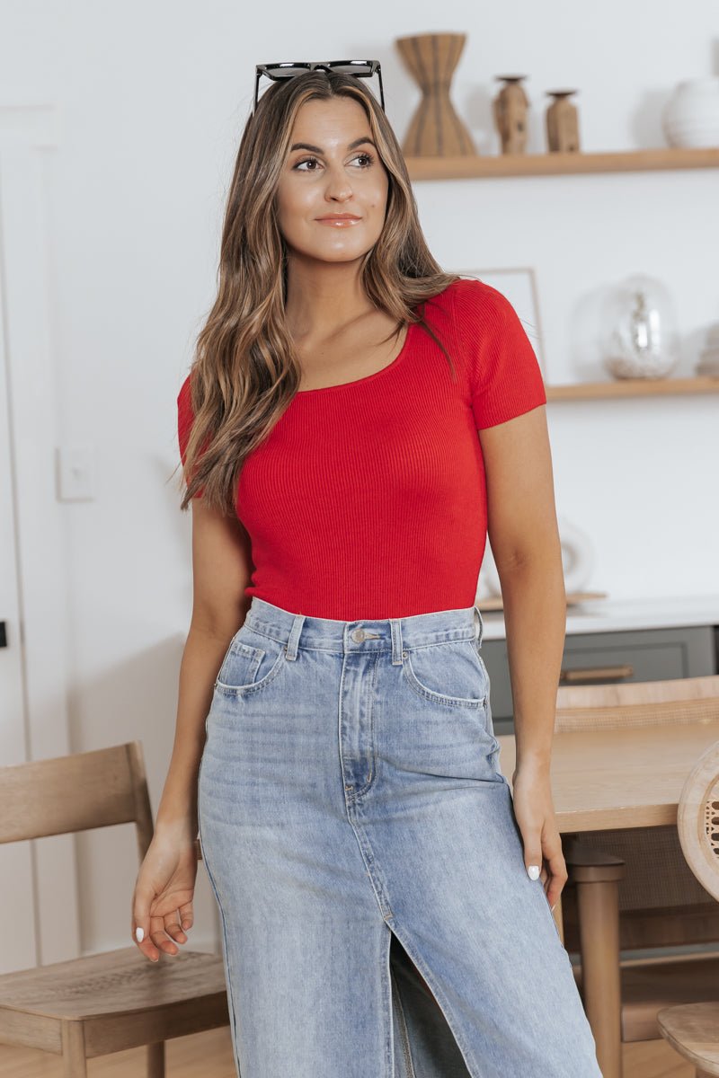 Red Scoop Neck Ribbed Top - Magnolia Boutique