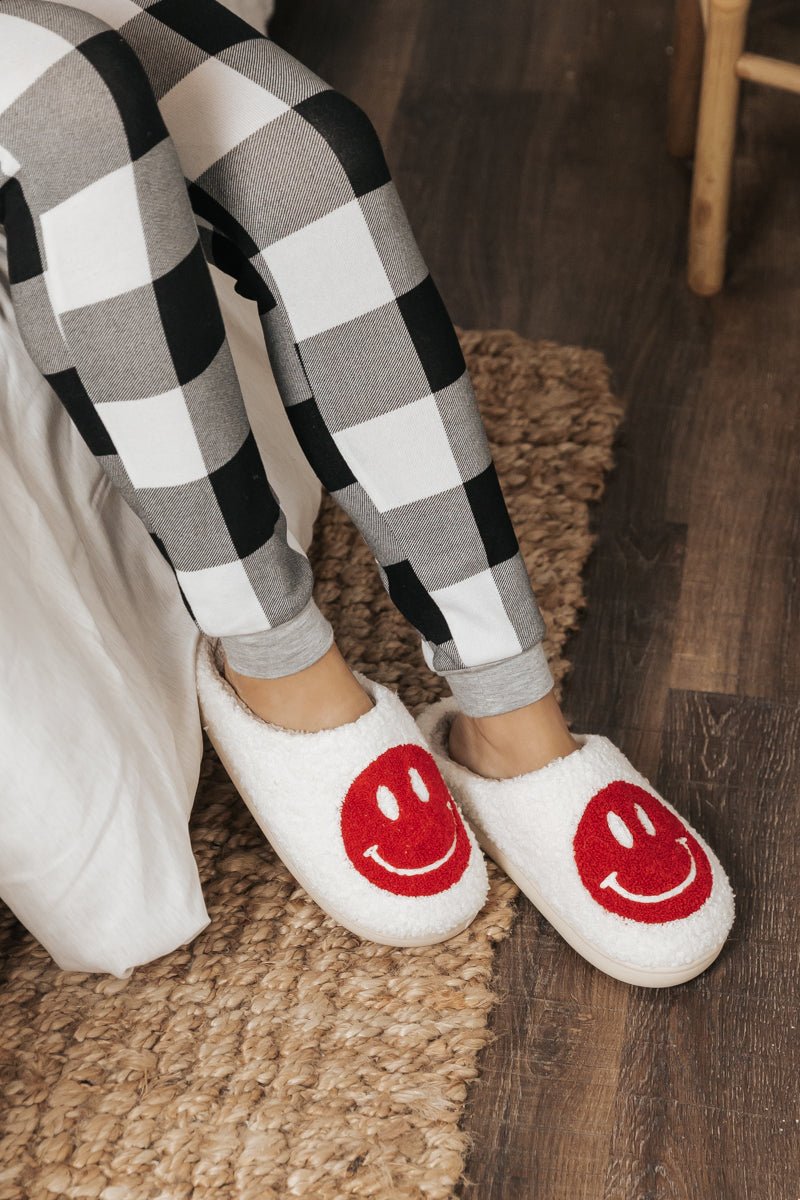 Red Smiley Face Faux Plush Slippers - Magnolia Boutique