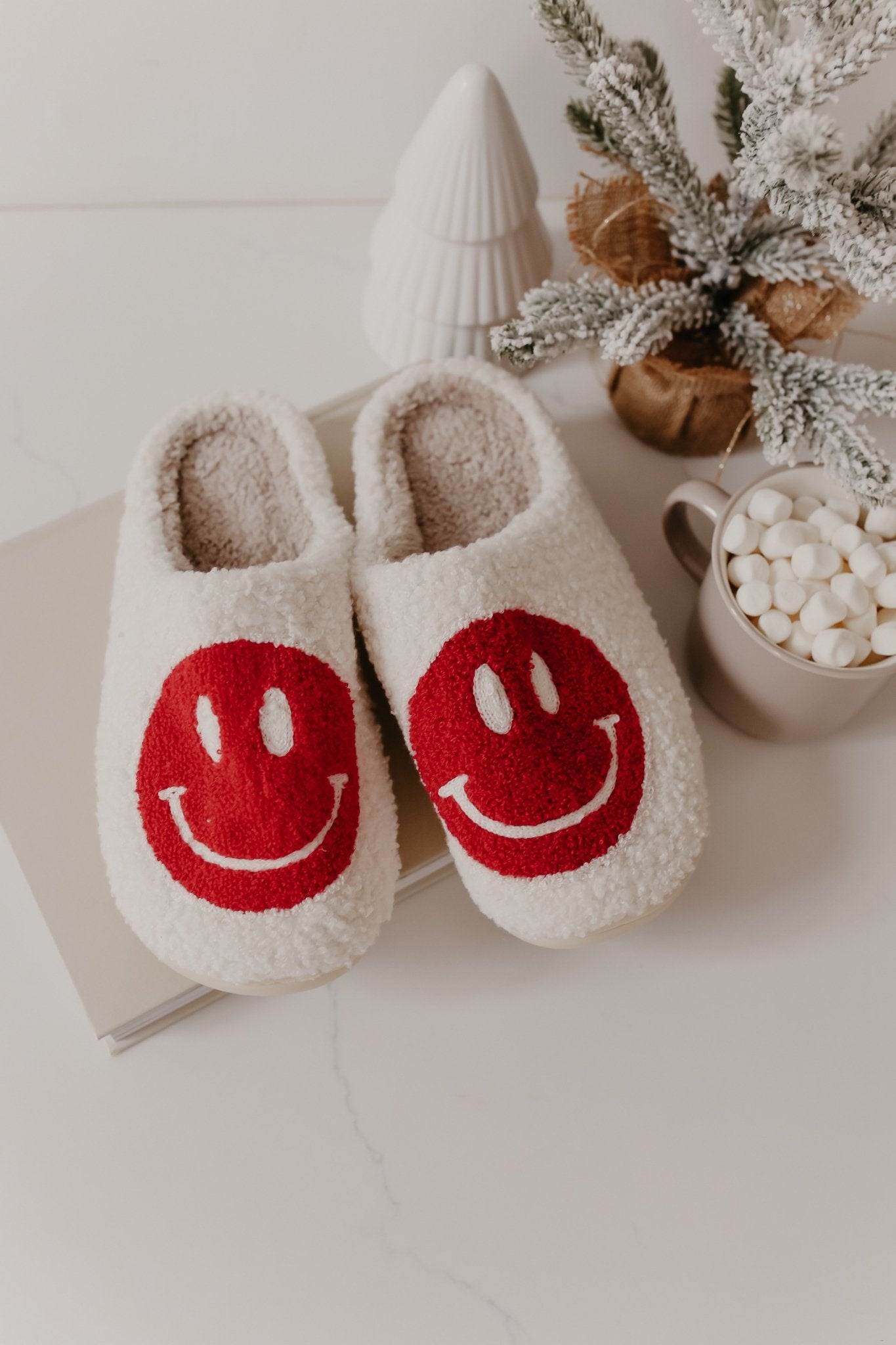 Red Smiley Face Faux Plush Slippers - Magnolia Boutique