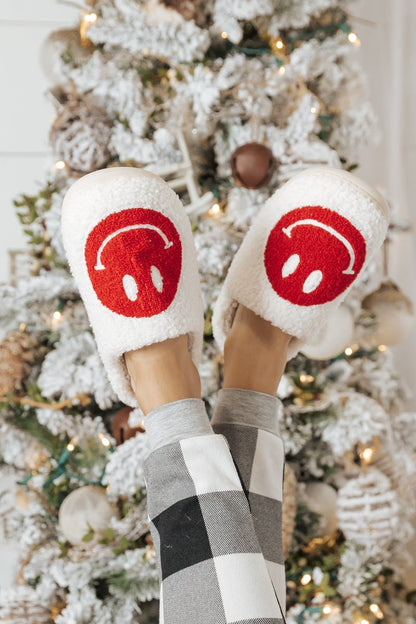 Red Smiley Face Faux Plush Slippers - Magnolia Boutique