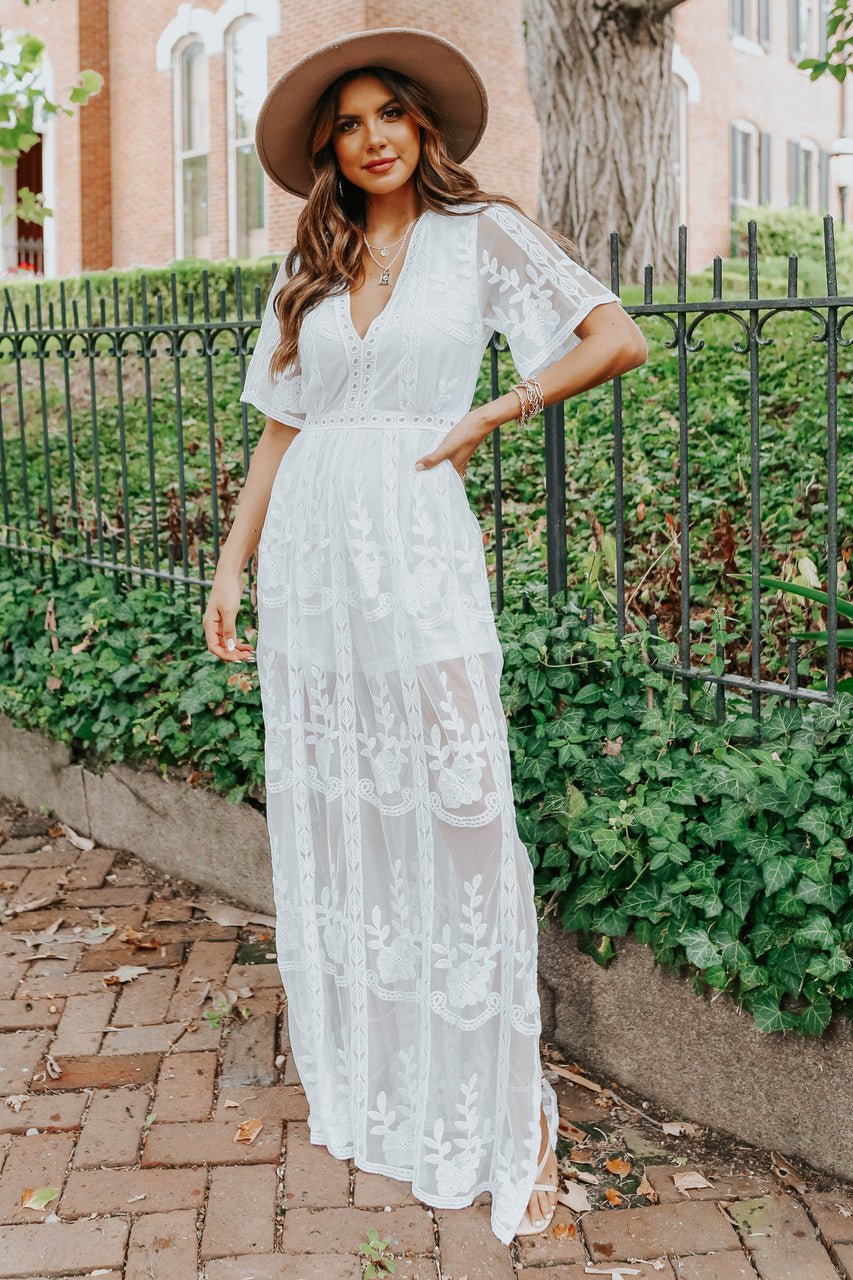White Embroidery Boho Lace Maxi Romper Plunge Neck Extra Long ••• main image 0
