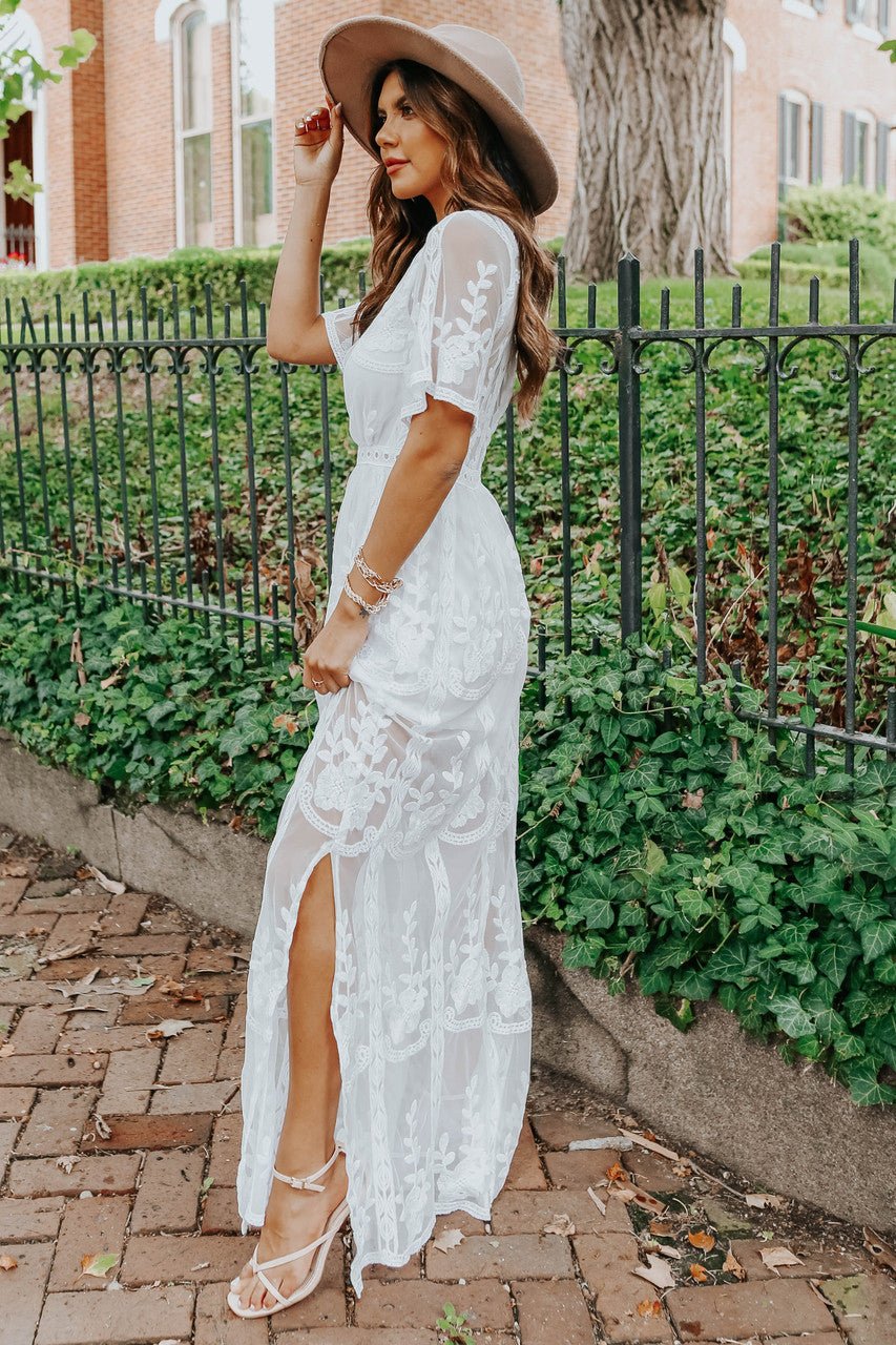 White Embroidery Boho Lace Maxi Romper Plunge Neck Extra Long •••