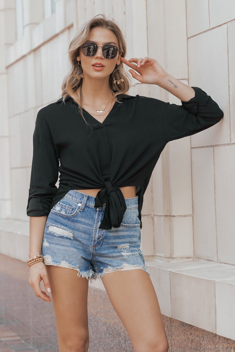 Relaxed V Neck Tie Front Shirt - Magnolia Boutique