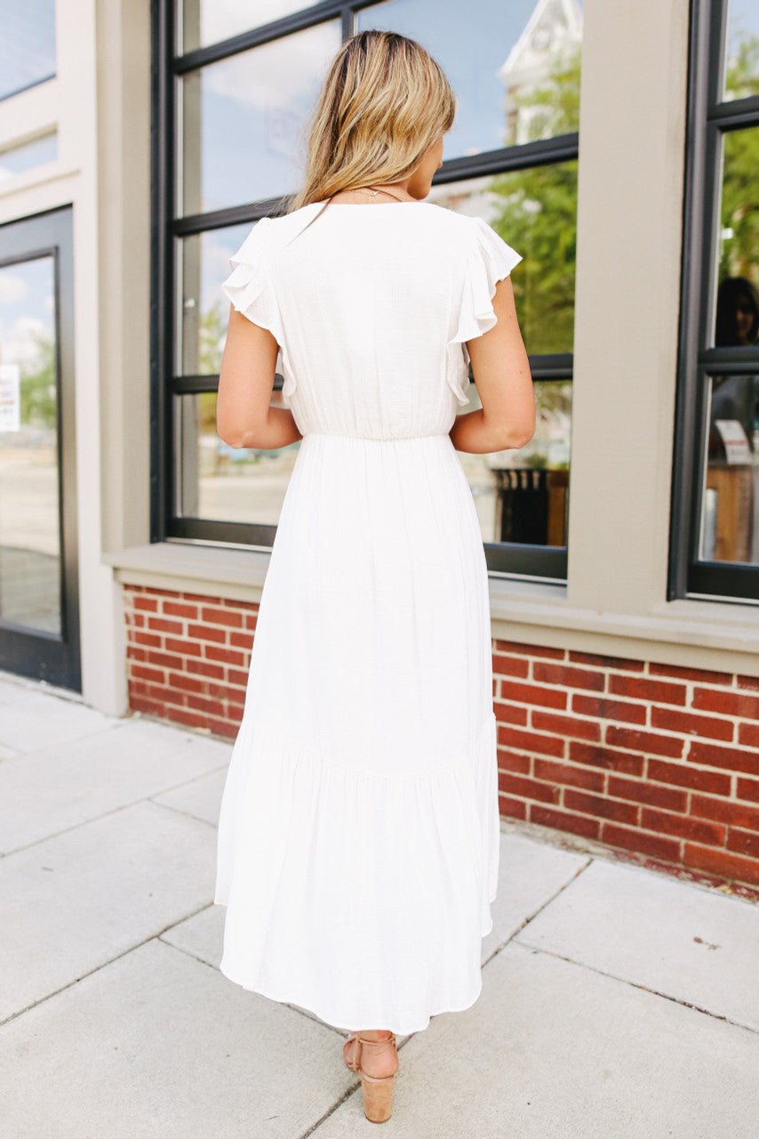 Ruffle Sleeve Surplice White Midi Dress - Magnolia Boutique