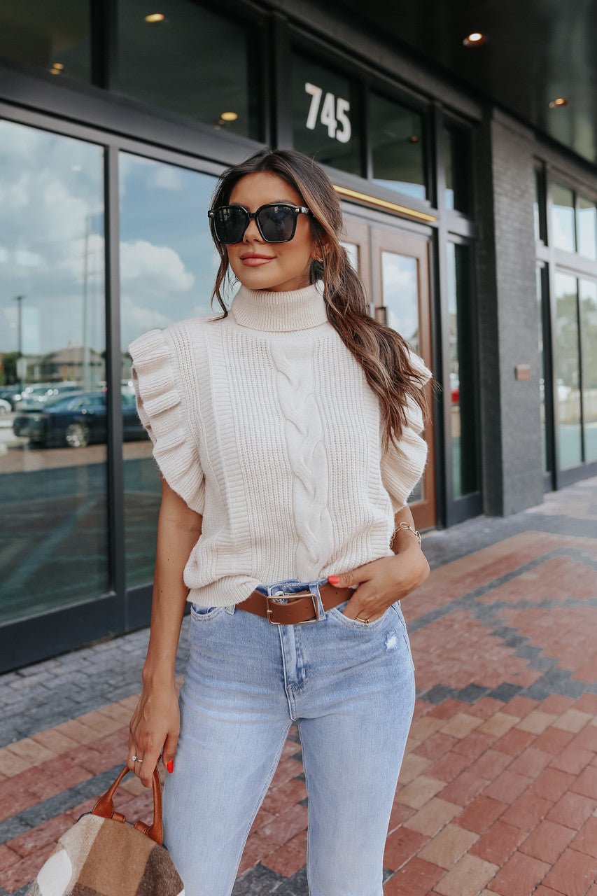 Ruffle Sleeve Turtleneck Natural Cable Sweater - Magnolia Boutique