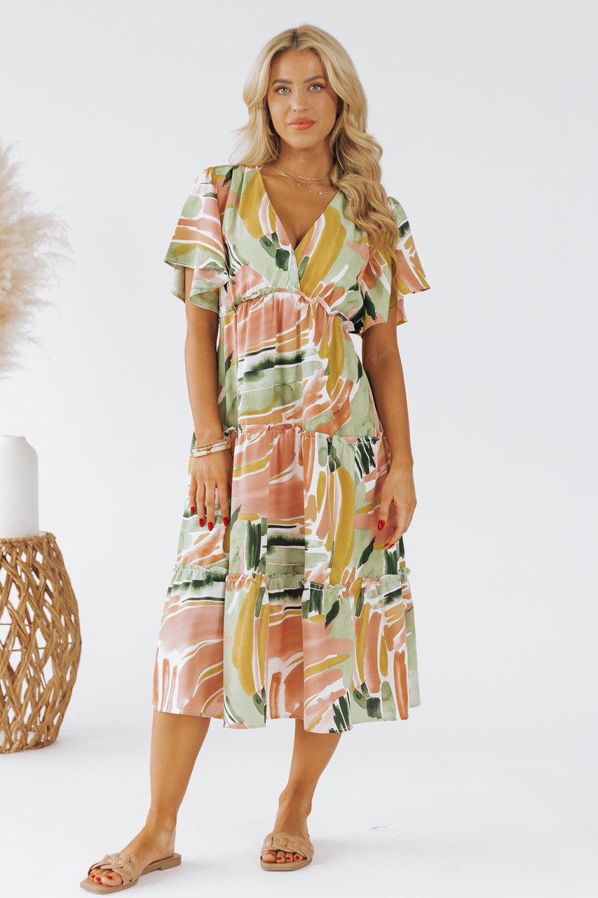 Sage Mix Print Short Sleeve Midi Dress – Magnolia Boutique