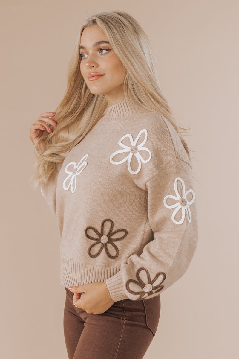 Sand Floral Detail Ribbed Sweater - Magnolia Boutique