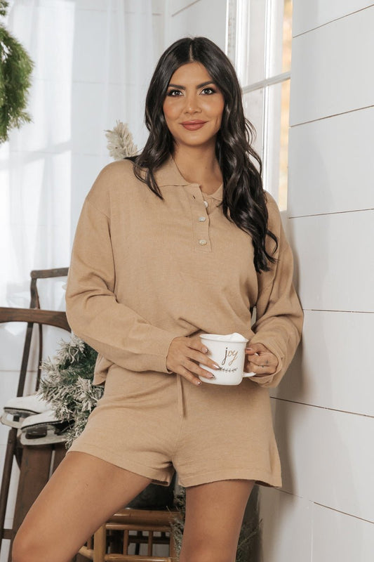 Sand Long Sleeve Collared Top & Shorts Set - Magnolia Boutique