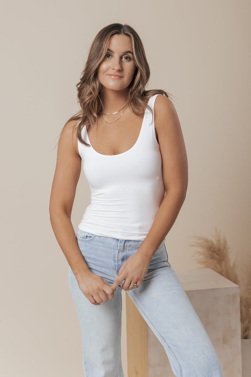 Scoop Neck Double Lined Jersey Tank - White - Magnolia Boutique