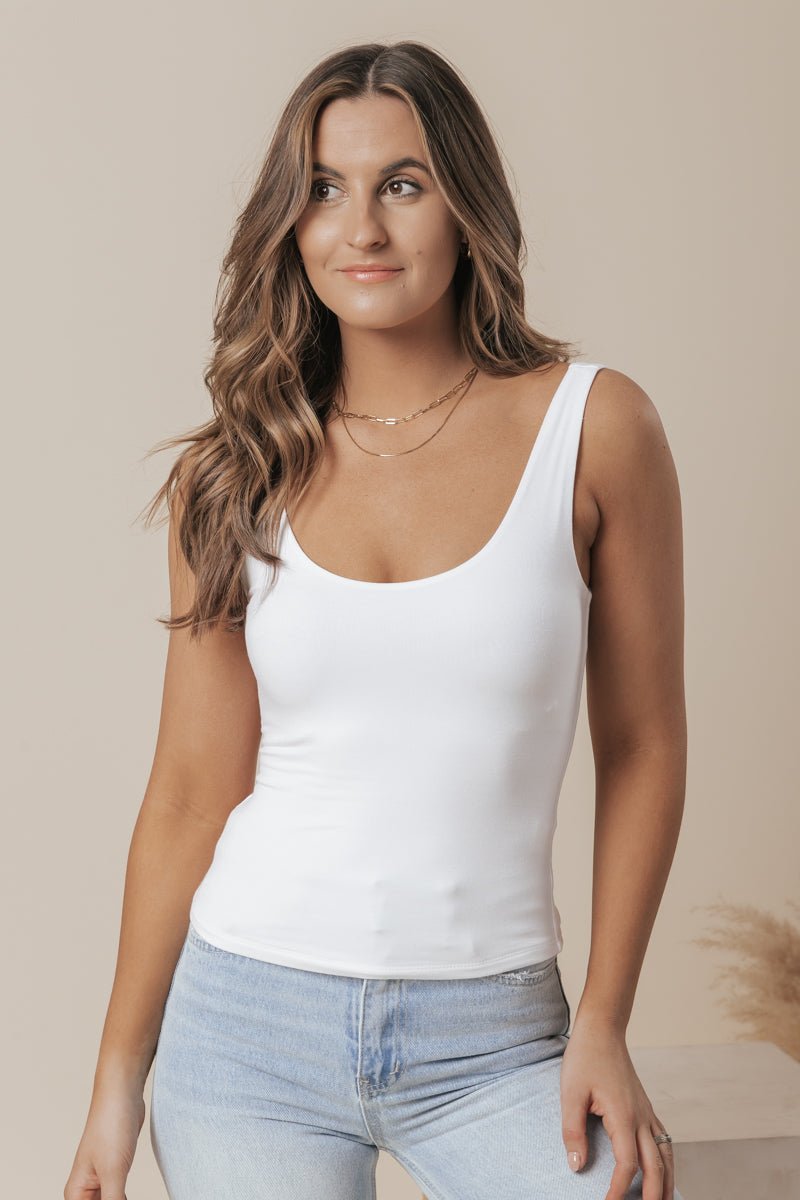 Scoop Neck Double Lined Jersey Tank - White - Magnolia Boutique