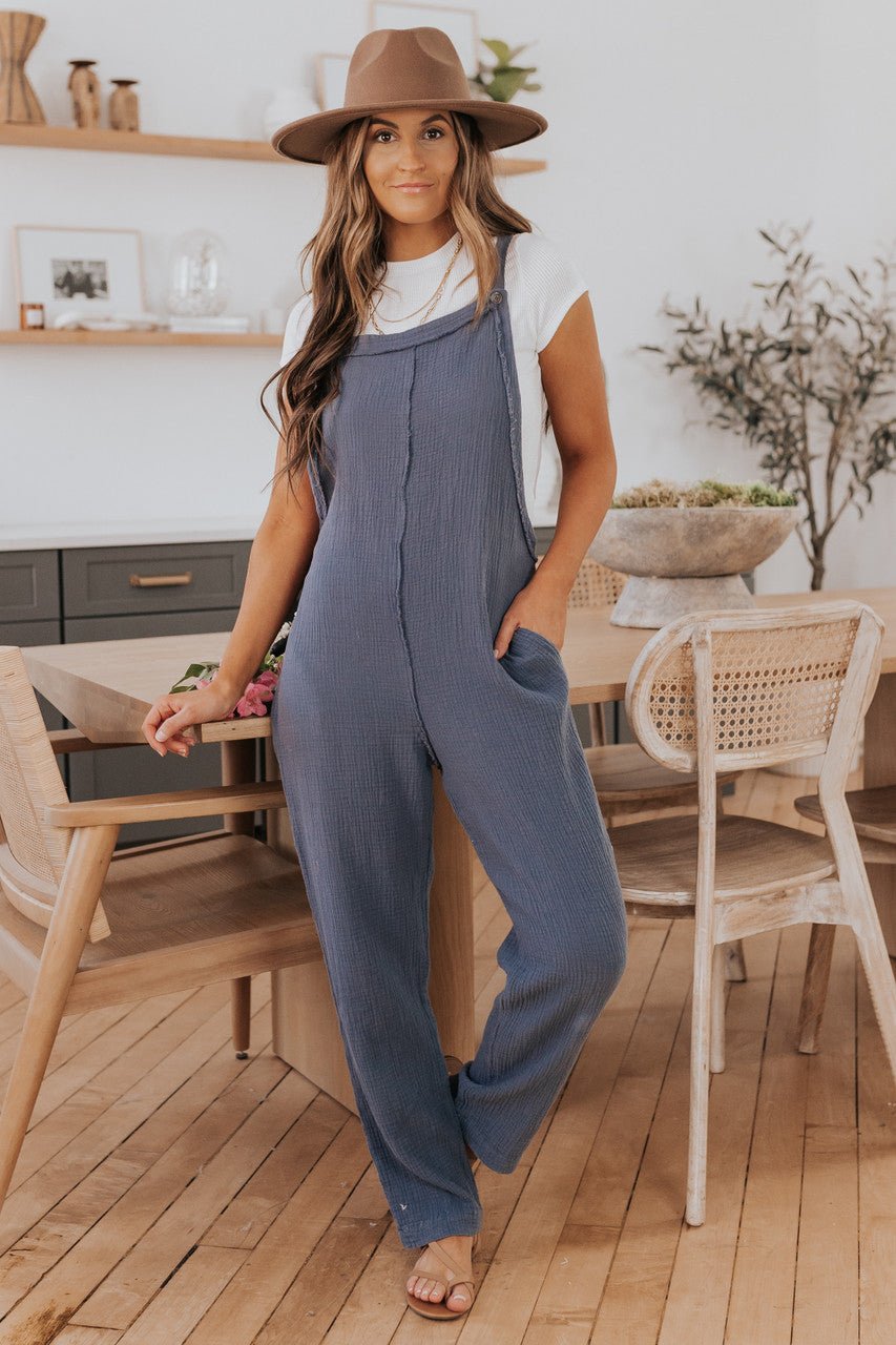 Seam Detail Faded Navy Crinkle Overalls - Magnolia Boutique