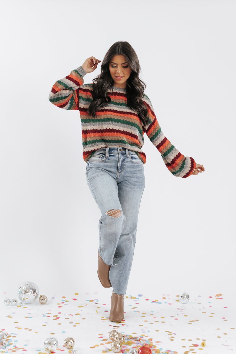 Shades of Autumn Crochet Knit Striped Sweater - Magnolia Boutique