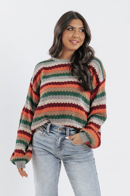Shades of Autumn Crochet Knit Striped Sweater - Magnolia Boutique