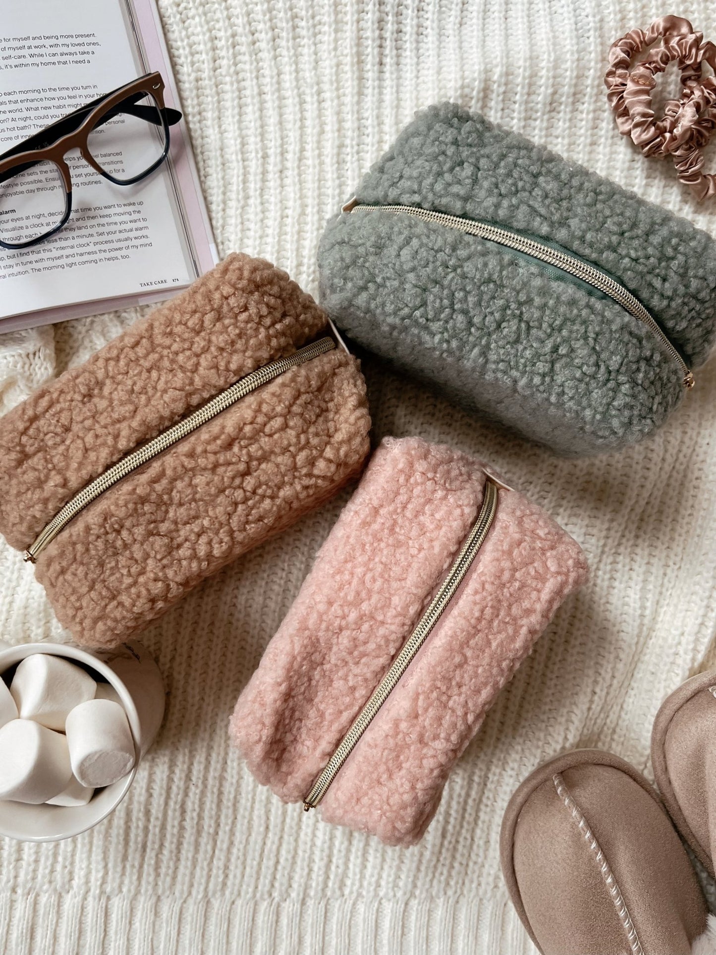 Sherpa Teddy Bear Makeup Bag - Pink - Magnolia Boutique