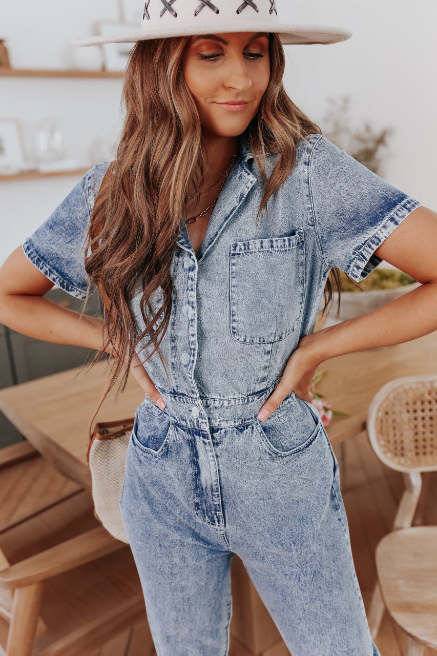 Denim jumpsuit with short sleeves - PULL&BEAR