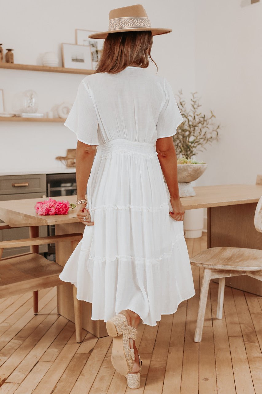 Short Sleeve V-Neck White Tiered Midi Dress - Magnolia Boutique