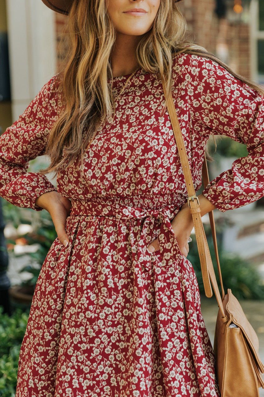 Sidney Maroon Floral Print Long Sleeve Dress - Magnolia Boutique