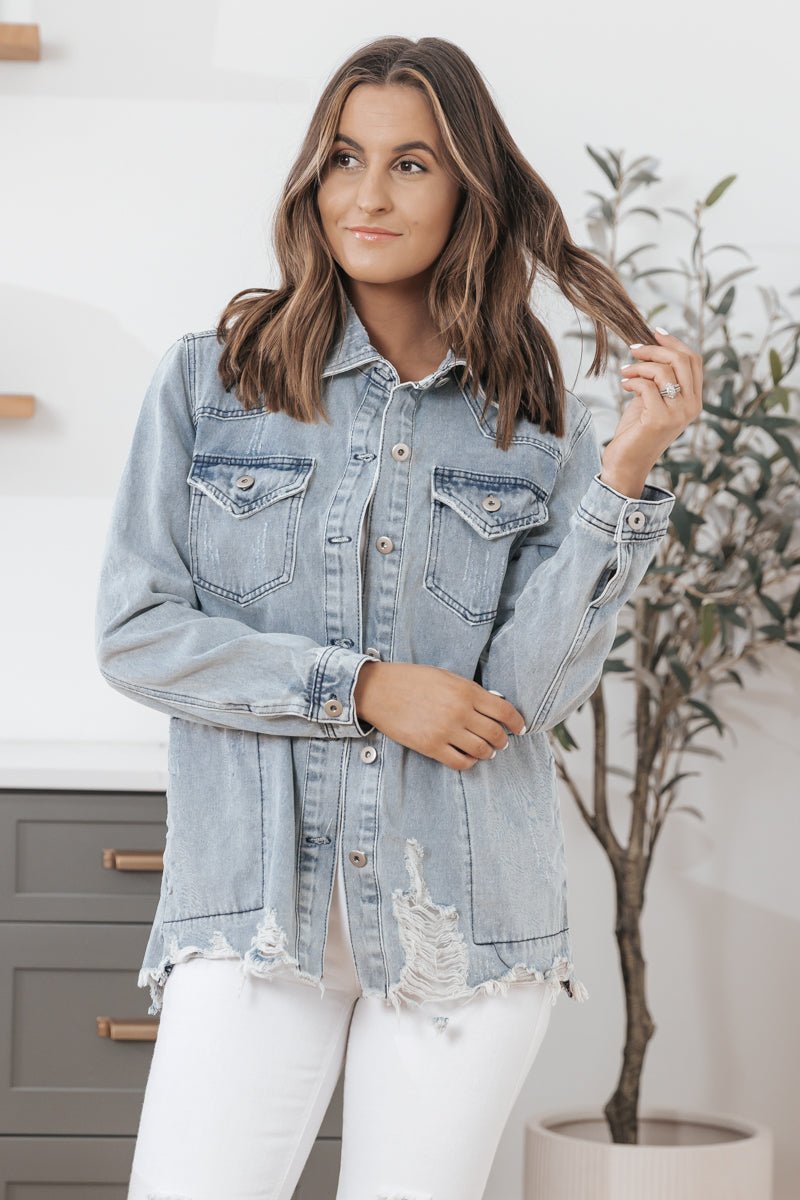 Light wash sale distressed denim jacket