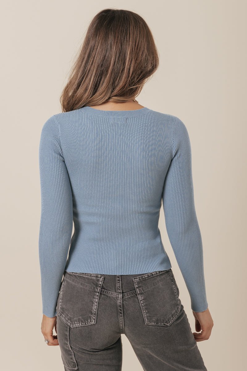 Solid Ribbed Long Sleeve Top - Blue - Magnolia Boutique