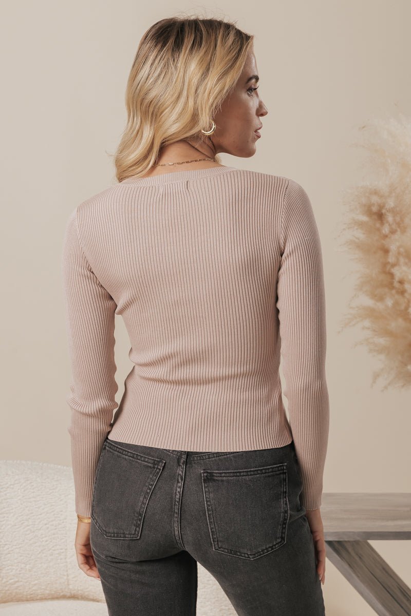 Solid Ribbed Long Sleeve Top - Taupe - Magnolia Boutique