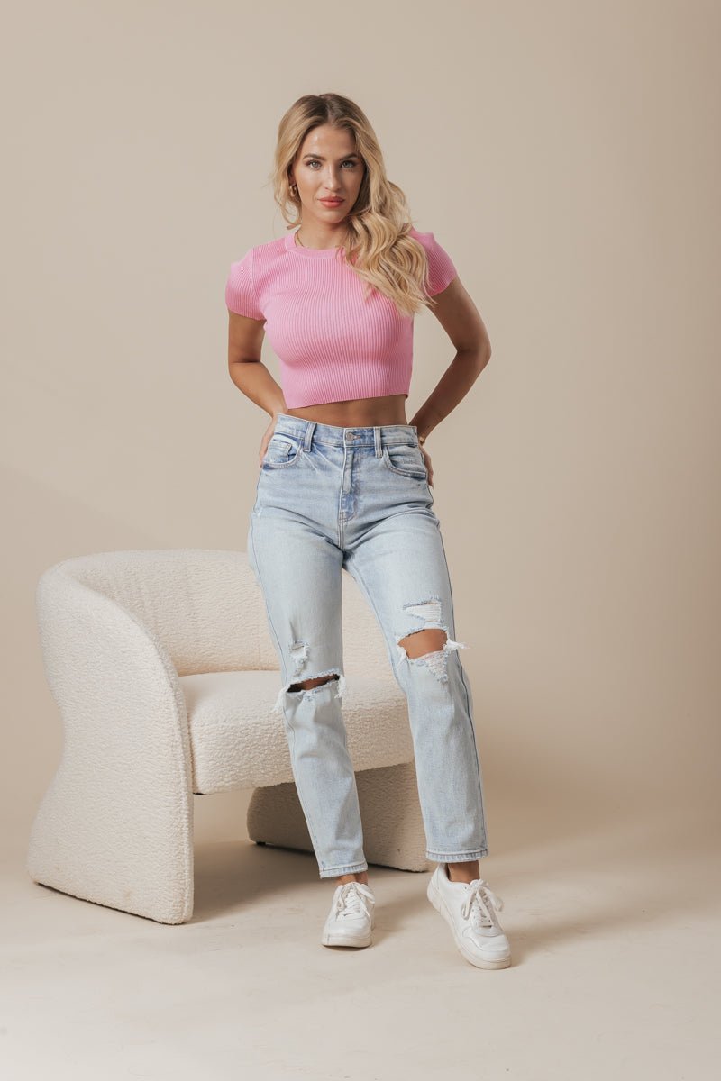 Solid Ribbed Short Sleeve Top - Pink - Magnolia Boutique