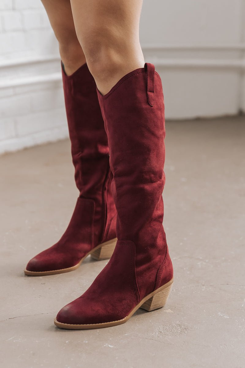 Stacey Suede Knee High Western Boots - Burgundy - Magnolia Boutique