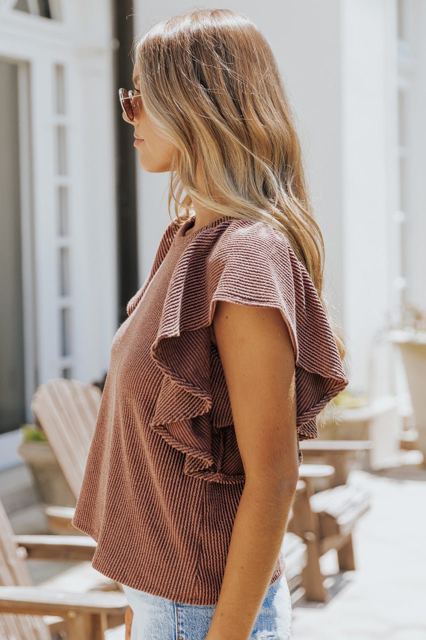 Sunday in Chelsea Chocolate Ruffle Sleeve Top - Magnolia Boutique