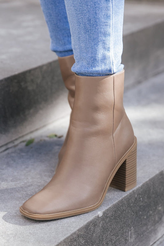 Taupe Faux Leather Stacked Block Heel Booties - Magnolia Boutique