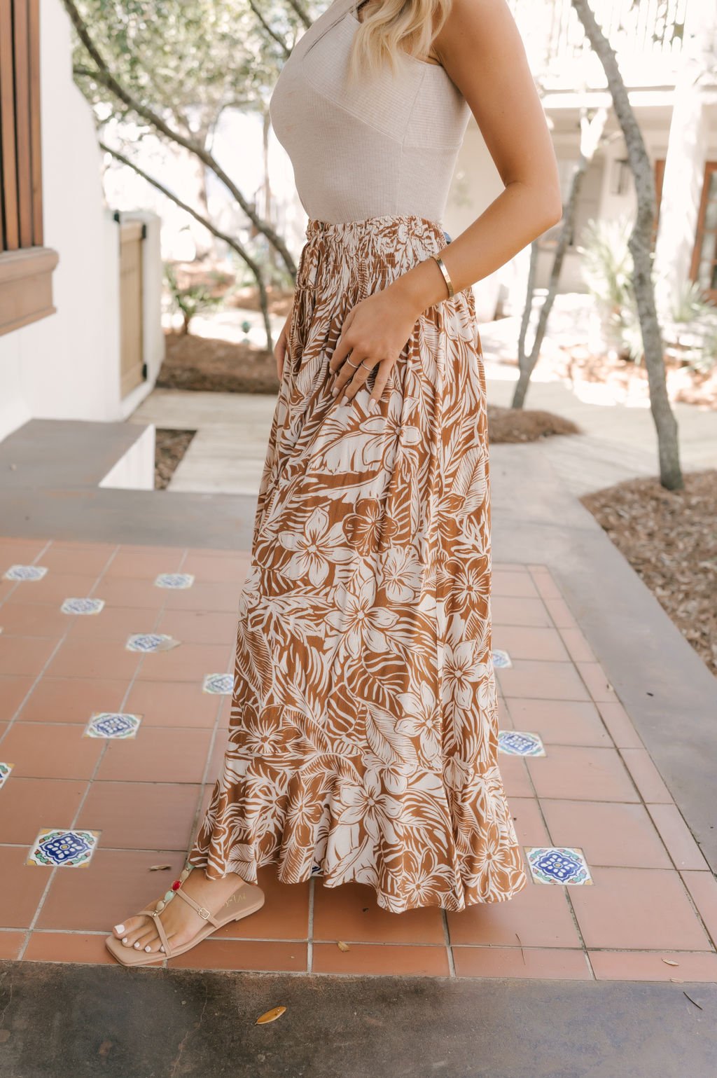 Taupe Floral Print Smocked Maxi Skirt - Magnolia Boutique
