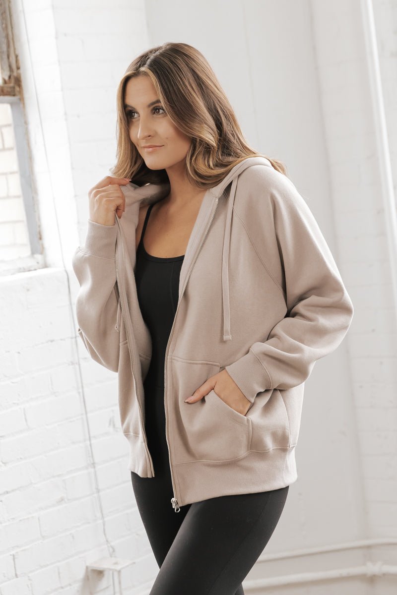 Taupe French Terry Zip Up Hoodie - Magnolia Boutique