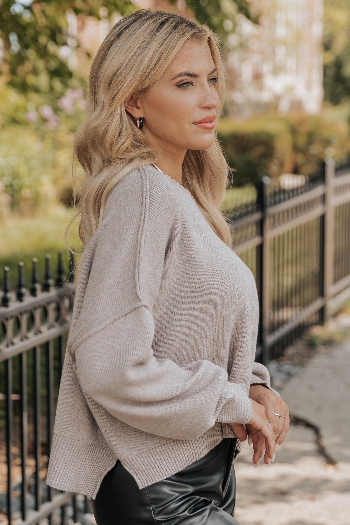 Taupe Long Balloon Sleeve Ribbed Sweater - Magnolia Boutique