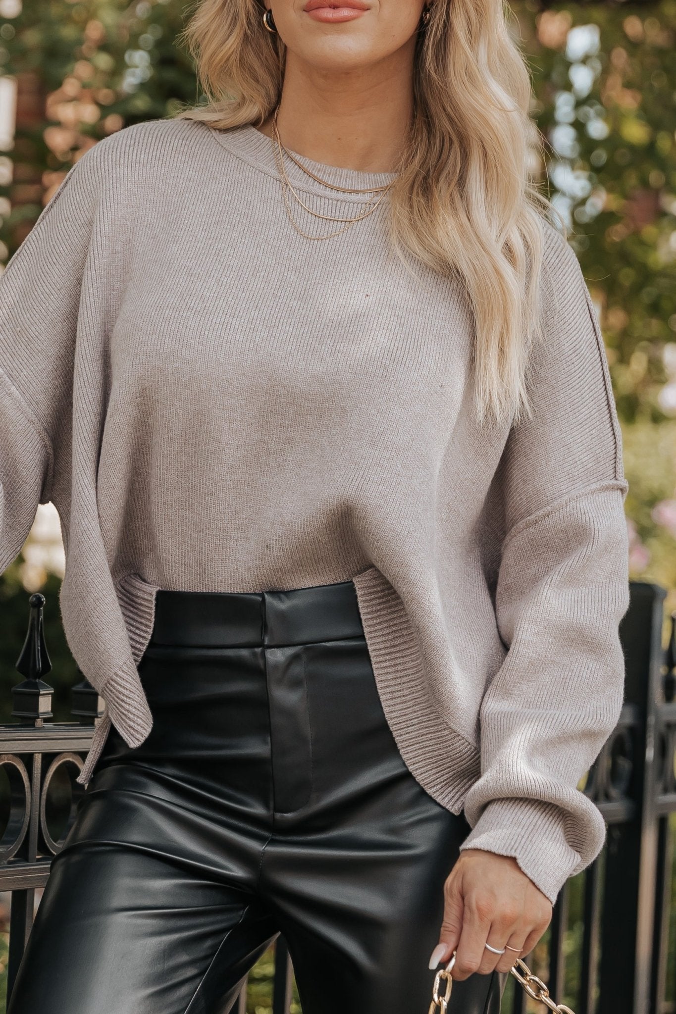 Taupe Long Balloon Sleeve Ribbed Sweater - Magnolia Boutique