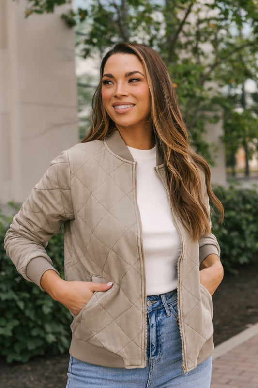 Taupe Mineral Wash Quilted Bomber Jacket - Magnolia Boutique