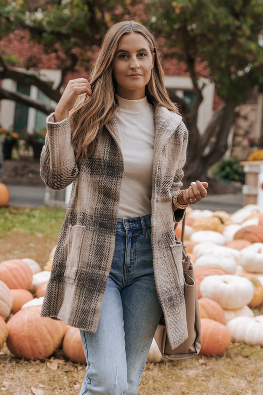 Taupe Plaid Hooded Open Knit Coat - Magnolia Boutique